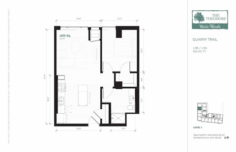 Floor plan for 1 bed, 1 bath, 612 sqft